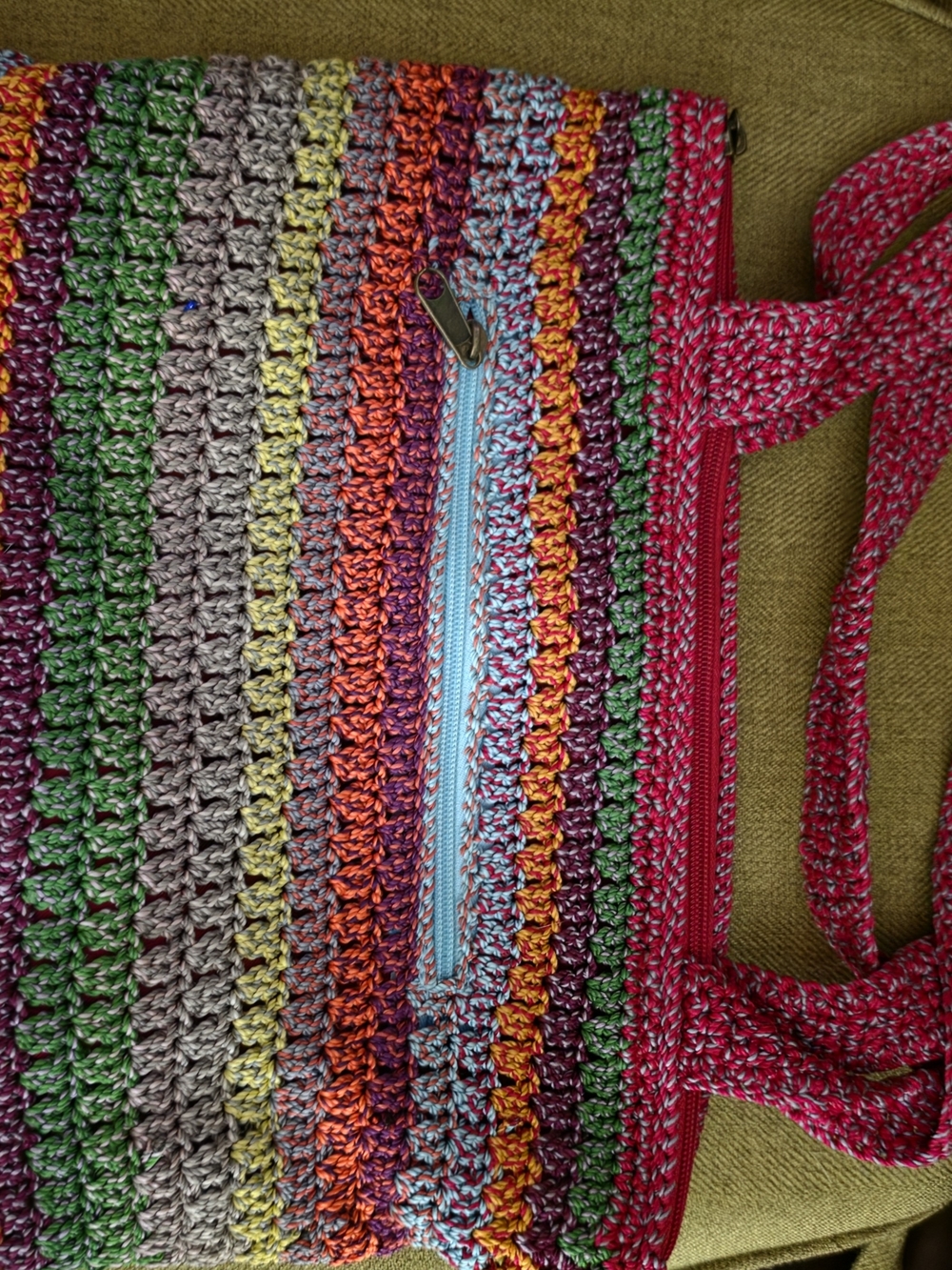 The Sak Multicolor Crochet Stripe Tote Bag with Pink Trim